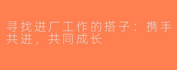 寻找进厂工作的搭子：携手共进，共同成长