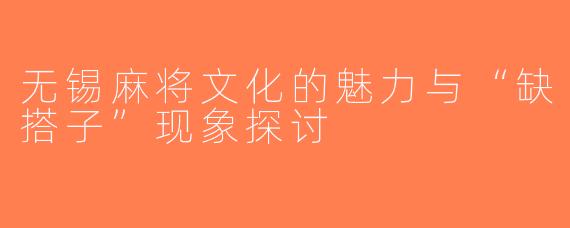 无锡麻将文化的魅力与“缺搭子”现象探讨