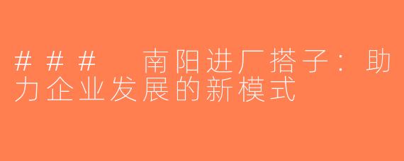 ### 南阳进厂搭子：助力企业发展的新模式