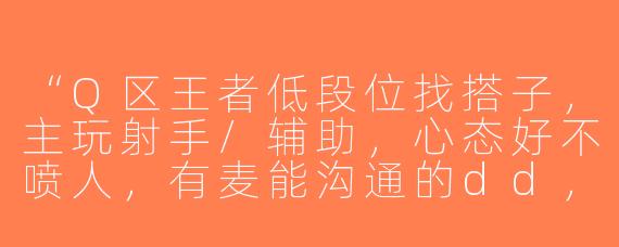 “Q区王者低段位找搭子，主玩射手/辅助，心态好不喷人，有麦能沟通的dd，晚上稳定在线，来个靠谱队友一起上分！”
