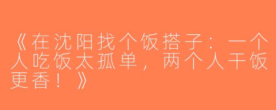 《在沈阳找个饭搭子：一个人吃饭太孤单，两个人干饭更香！》