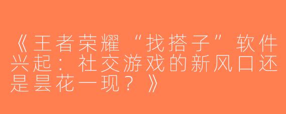 《王者荣耀“找搭子”软件兴起：社交游戏的新风口还是昙花一现？》