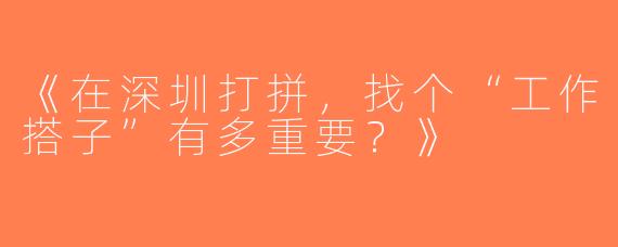 《在深圳打拼，找个“工作搭子”有多重要？》