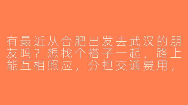 有最近从合肥出发去武汉的朋友吗？想找个搭子一起，路上能互相照应，分担交通费用，还能结伴逛吃逛吃～-合肥去武汉搭子